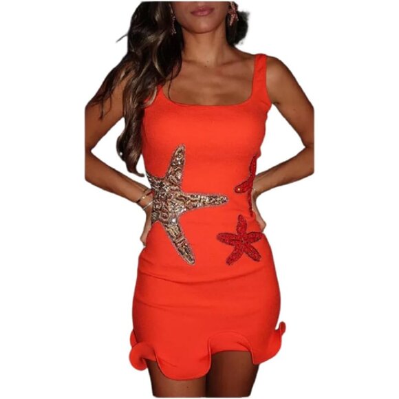 Women Teen Sequin Starfish Mini Dress Ruffle Hem Sleeveless Bodycon - Picture 2 of 7